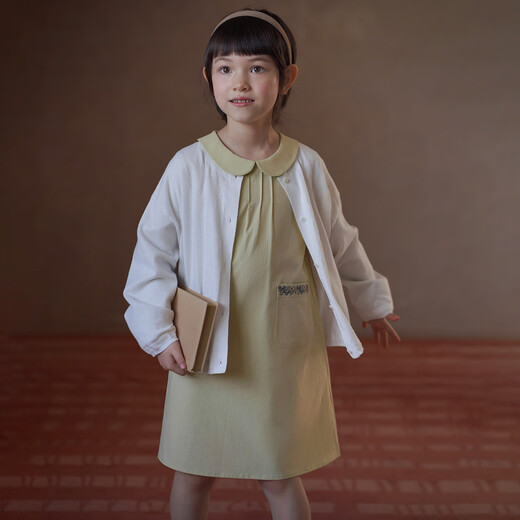 Haqi children's clothing children's spring clothing 2026 new yellow-green cotton and linen embroidered mid-length skirt girls long-sleeved dress medium-sized children yellow green 110