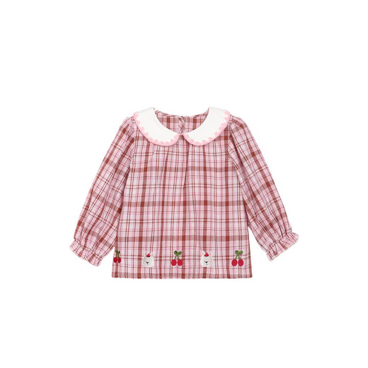 LUSON baby girl baby girl lapel shirt 2026 spring baby cotton shirt cartoon sweet top pink coffee plaid 120