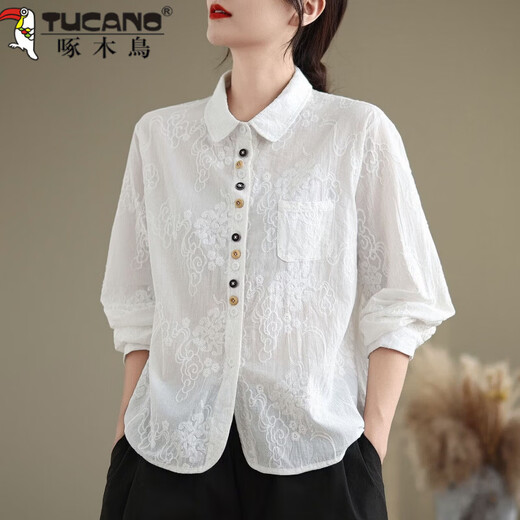 Woodpecker long-sleeved shirt with oriental charm, versatile and gentle temperament for women, auspicious cloud embroidery, retro literary niche women's jacket, white M 80-120Jin Jin is equal to 0.5 kg