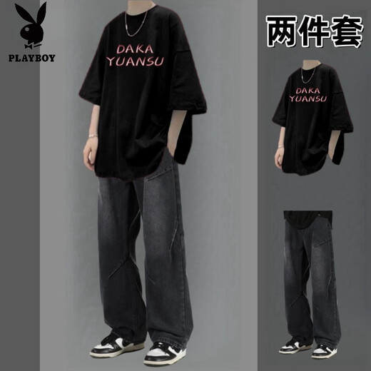 Playboy (PLAYBOY) pure cotton short-sleeved suit for men in summer with high street jeans for men, two-piece set for teenagers and students, trendy short-sleeved suit DK graffiti black + jeans black M recommended 85-105 Jin Jin equals 0.5 kg