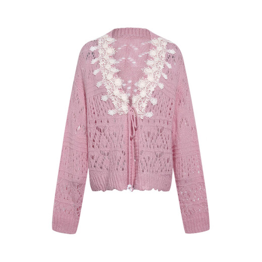 Two or three things are nostalgic for inertia 2026 spring new sweet lace stitching hollow mohair strap knitted cardigan for women light pink S