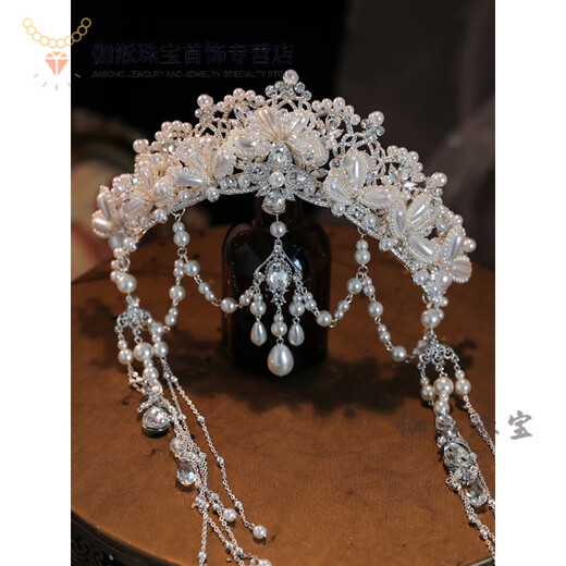 Fang Jinxiang crown tiara bride's handmade pearl tassel forehead ornament eyebrow center pendant main yarn shape wedding dress photo studio crown + ear clip