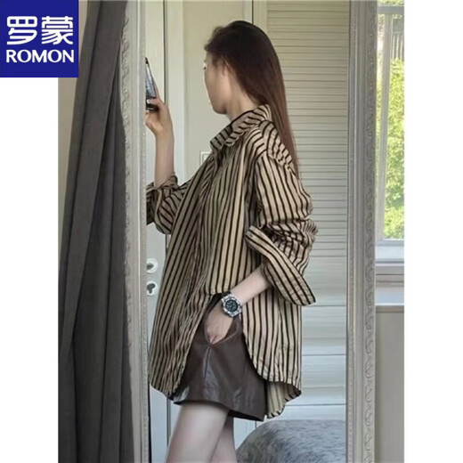 ROMON salt style brown striped shirt women's spring retro design lapel stacked shirt casual long-sleeved top khaki striped shirt S