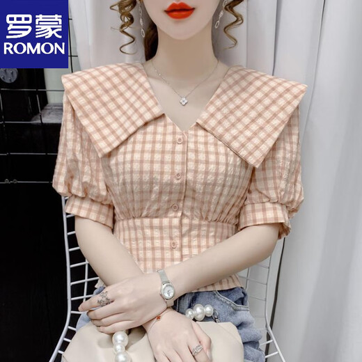 ROMON 2026 New Summer Doll Collar Puff Sleeve Plaid Shirt Women's Design Niche Waist Short French Top Green 3XL
