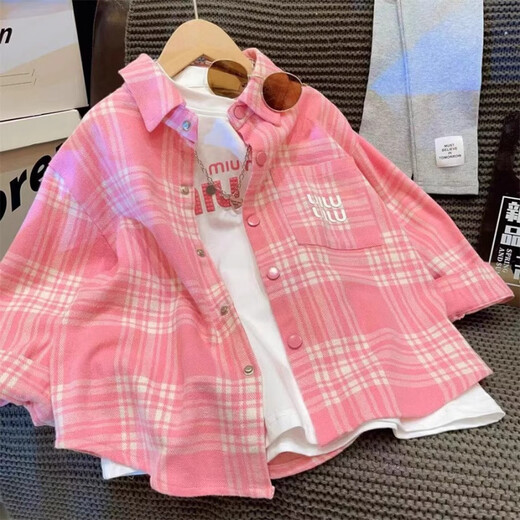 Girls' shirt spring 2026 new style children's long-sleeved plaid shirt spring and autumn coat little girl's top pink 140