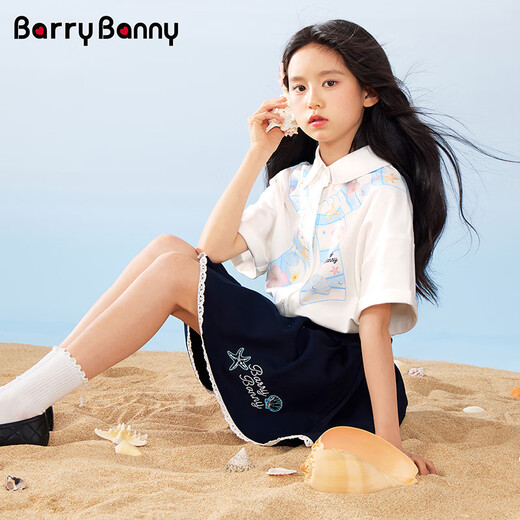 BARRY BANNY Girls 2026 Spring Loose Casual Medium and Large Children's Versatile Tops Printed Short-Sleeved Shirt Fresh Milk White 170