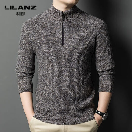 LILANZ autumn and winter high-end men's worsted 450g 100% wool sweater half-high zipper round neck bottoming sweater wool sweater black and white gray 14XL (180)