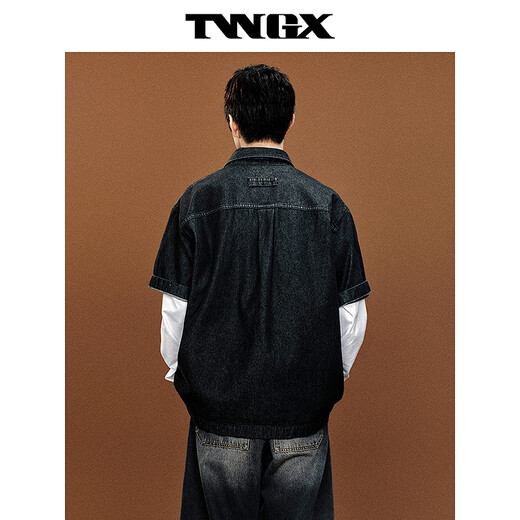 Teenie Weenie Bear Men's Urban Casual Relaxed Workwear Style Short-Sleeved Denim Shirt 2026 Summer Black XL