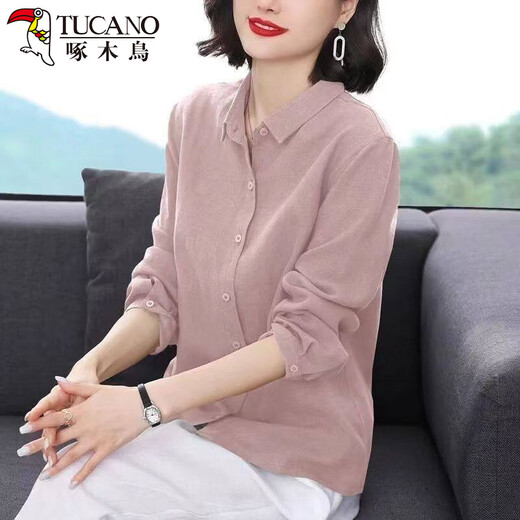 Woodpecker Cotton Shirt Women's Solid Color 2026 New Spring and Autumn Women's Loose Flesh Covering Shirt Shirt Women's Top Long Sleeve Leather Pink The size is too small. It is recommended to take a larger size S. It is recommended that 85-95Jin Jin equals 0.5 kg