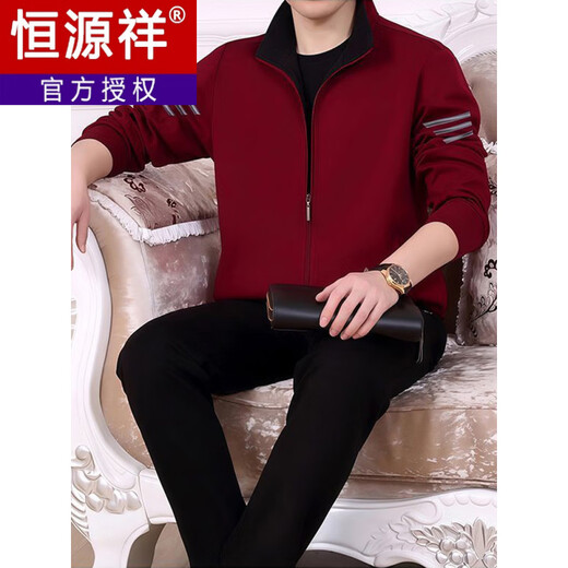 Hengyuanxiang middle-aged men's sports suit spring and autumn dad casual jacket coat plus velvet thickened loose two-three piece set black spring and autumn two-piece straight M 80-105Jin Jin equals 0.5 kg