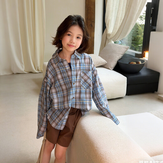 SEVEN BOBI Parent-Child No. 7 Children's Warehouse Girls and Big Children American Contrast Color Plaid Long-Sleeved Shirt Spring New Fashion Style Jacket Trendy Picture Color Ready in Stock 110 cm