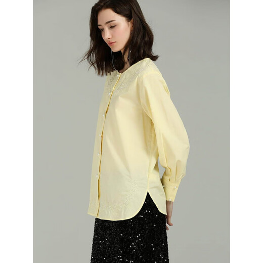 CHEVALPES international first-line brand spring new design light national style beaded embroidered cotton shirt light luxury fashion yellow M
