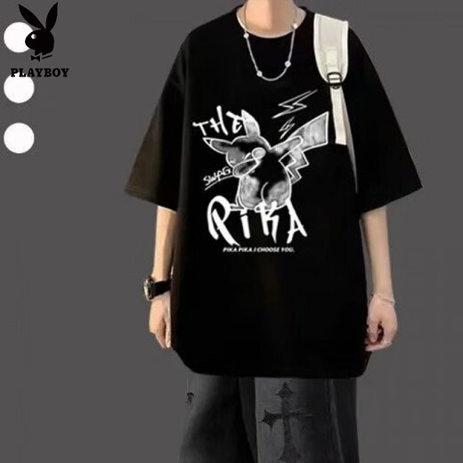 Playboy (PLAYBOY) short-sleeved T-shirt summer suit trendy casual youth men's clothing complete set with jeans trendy two-piece suit Cross short-sleeved black + cross black jeans M number recommended 95-109 Jin Jin equals 0.5 kg