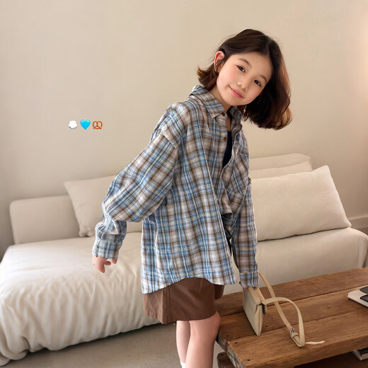 SEVEN BOBI Parent-Child No. 7 Children's Warehouse Girls and Big Children American Contrast Color Plaid Long-Sleeved Shirt Spring New Fashion Style Jacket Trendy Picture Color Ready in Stock 110 cm
