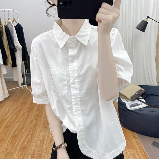 Lingyue Lantern Sleeve Pure Cotton Short-Sleeved Shirt Women's Summer 2026 New Lapel Design Irregular Age-Reducing Top Women's Khaki XL Recommended 115-130 Jin Jin equals 0.5 kg