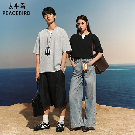 PEACEBIRD Men's Henley Collar Heavy Waffle Short Sleeve T-shirt 2026 Summer New Contrast Color Splicing T-shirt Wet Cold Gray First Batch Expected to Ship on March 15th L