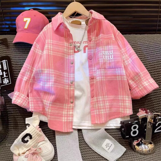 Girls' shirt spring 2026 new style children's long-sleeved plaid shirt spring and autumn coat little girl's top pink 140
