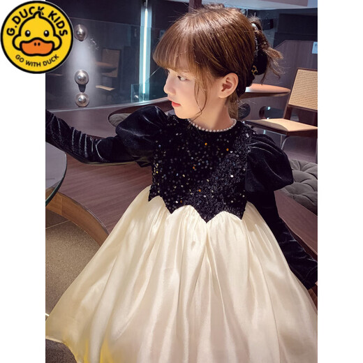 G.duck little yellow duck girls spring and autumn long-sleeved dress 2026 new bow Western-style mesh skirt children's host dress black 100 cm