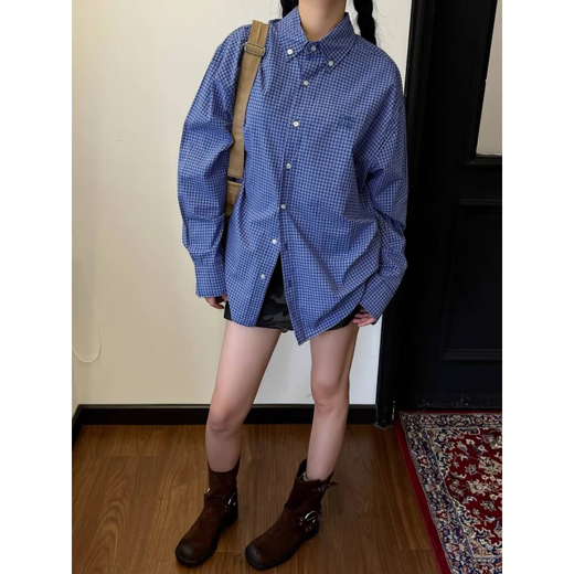 American retro blue plaid long-sleeved shirt for men spring and autumn Korean style loose-feeling embroidered plaid shirt jacket blue-C216 L
