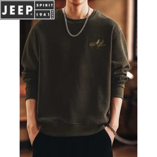 JEEP SPIRIT American retro heavyweight embroidered men's sweatshirt 2026 spring and autumn new loose warm base T-shirt top Khaki green M suitable for 110-130Jin Jin equals 0.5 kg