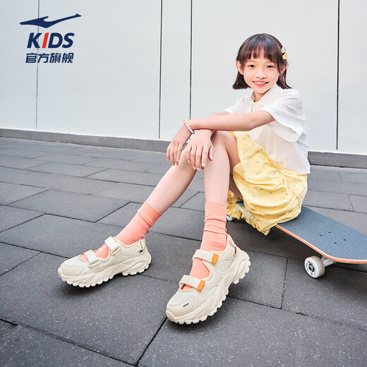 Hongxing Erke children's sandals, girls' shoes, summer 26 new breathable toe-cap sandals, soft soles, medium and large children's frame shoes | Manwu unbleached original color/custard gray 001 33