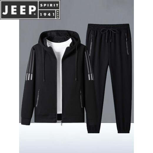 JEEP SPIRIT sports suit for men spring and autumn pure cotton new casual hooded cardigan large size sweatshirt running suit two-piece set black leg set public version A651-235 L 90-110Jin Jin is equal to 0.5 kg