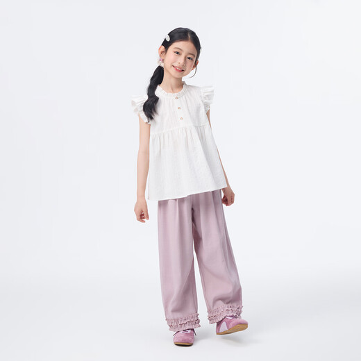 Xiaoyinman children's clothing girls round neck button-down shirt 26 summer children's texture casual breathable top for middle and large children off-white 140