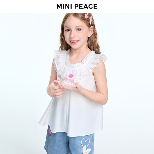 MiniPeace children's clothing girls short-sleeved T-shirt flying sleeve lace thin top embroidered vest summer new style bright white 140