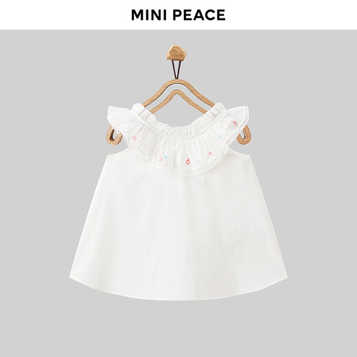 MiniPeace children's clothing girls short-sleeved T-shirt flying sleeve lace thin top embroidered vest summer new style bright white 140