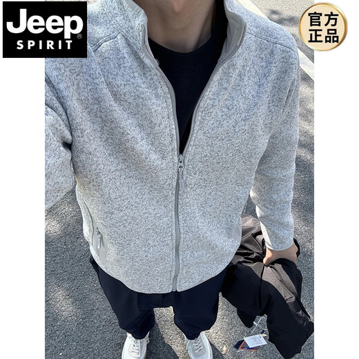 JEEP SPIRIT American functional spring and autumn outdoor stand-up collar cardigan zipper sweatshirt casual sports knitted fleece jacket men's base atomic gray S