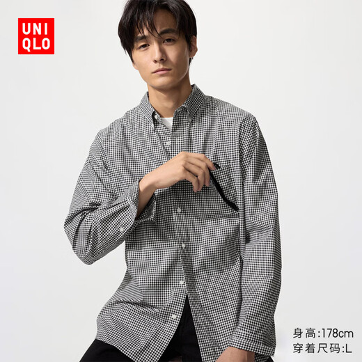 Uniqlo men's and women's high-quality long-staple cotton plaid shirt/long-sleeved shirt 26 spring and summer new style 482461 09 black M