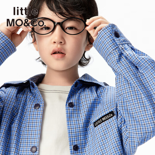 Little MO&Co. pure cotton parent-child clothing little moco children's clothing 26 spring new style boys and girls college style pattern long-sleeved shirt blue and white checkered color 110 110/56