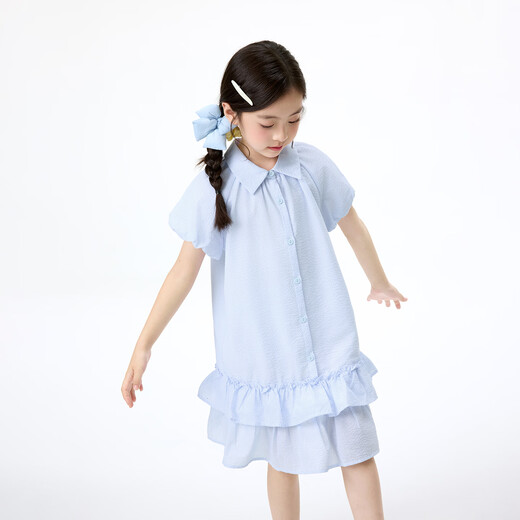 Xiaoyinman children's clothing girls' cute puff sleeve dress 26 mid-summer big children's shirt lapel comfortable casual skirt