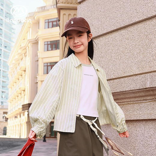 BANDOCIN Half-time casual girls summer shirt thin breathable 2026 medium and large children western style jacket beige strip 140