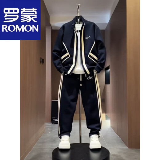 ROMON autumn men's trendy brand light luxury style striped air layer casual sports suit sweatshirt jacket casual pants two-piece set black (jacket + casual pants) suit M -130Jin Jin equals 0.5 kg