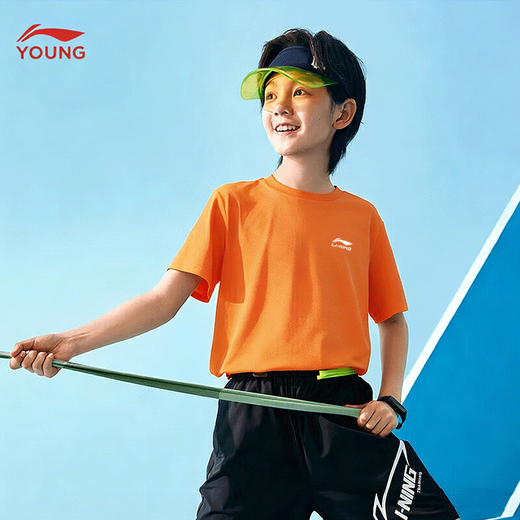 Li Ning Children's Short Sleeve 2026 Summer New Cotton T-shirt for Boys and Girls Loose Sportswear Breathable and Skin-Friendly Children's Clothing Tops Ocher Orange-Double Standard Summer Cotton Style 130 cm