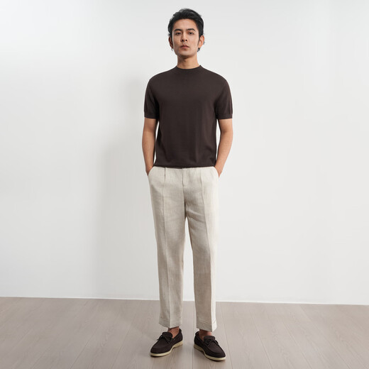 Guillaume de Mons wool-cotton blended short-sleeved T-shirt, skin-friendly, breathable, stylish bottoming shirt, spring and summer men's sweater, cocoa brown L