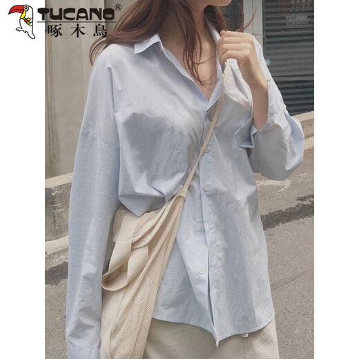 Woodpecker (TUCANO) small fresh sky blue long-sleeved shirt for women spring and summer Korean version loose and slim commuting simple sun protection outer shirt for women sky blue M recommended 95-110Jin Jin equals 0.5 kg