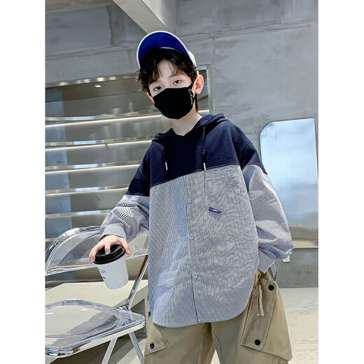 JNJKQA boys spring long-sleeved T-shirt spring and autumn 2024 new boys hooded fake two-piece shirt trendy stripes blue high quality buy with confidence 170