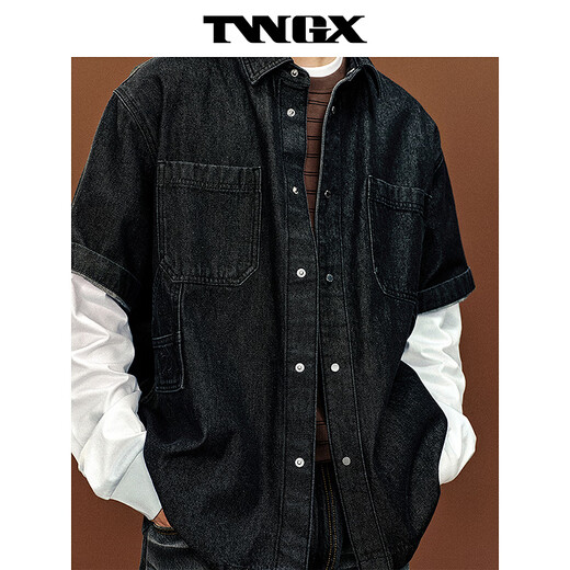 Teenie Weenie Bear Men's Urban Casual Relaxed Workwear Style Short-Sleeved Denim Shirt 2026 Summer Black XL