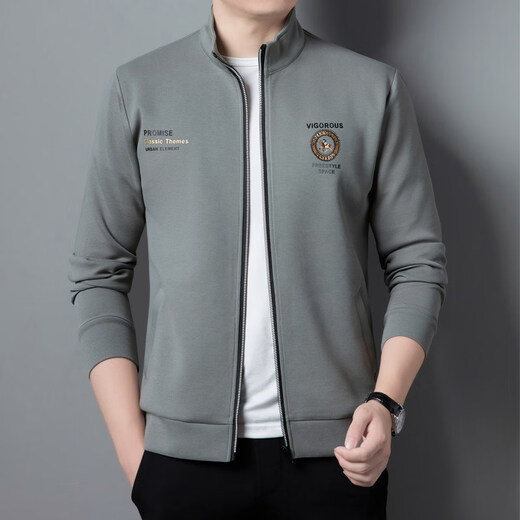 K-Boxing Men's Cardigan Sweatshirt Men's Stand Collar Business Sports Casual Jacket Autumn and Winter Thickened Outdoor Simple Embroidered Men's Top M/48 Recommended (90-115) Jin Jin is equal to 0.5 kg M QL-755204-Gray Velvet