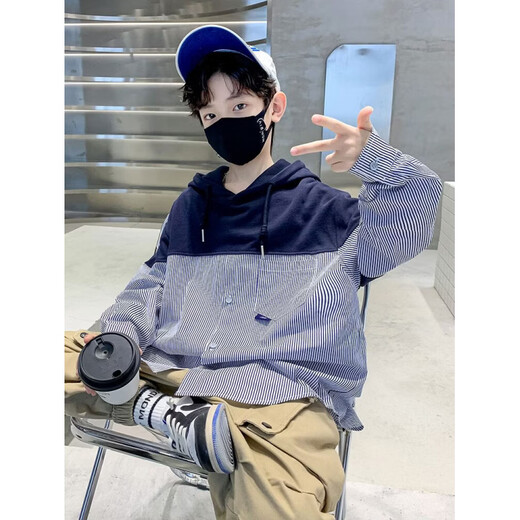 JNJKQA boys spring long-sleeved T-shirt spring and autumn 2024 new boys hooded fake two-piece shirt trendy stripes blue high quality buy with confidence 170