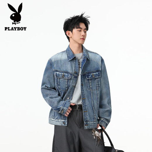 Playboy (PLAYBOY) Heavy Washed Double Cut Line Denim Jacket Men's Short Three-dimensional Profile Shoulder Pad Workwear Lapel Jacket Top Blue S