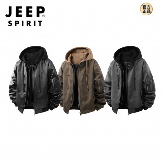 JEEP SPIRIT American retro fake two-piece PU leather men's spring and autumn new loose daily commuter coat bomber jacket top black M