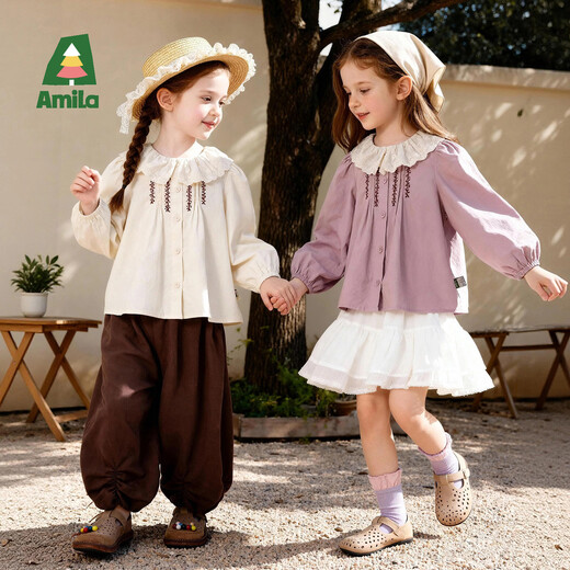 AMILA Spring New 2026 Girls Sweet Lotus Leaf Collar Shirt Children's Cotton Shirt Spring and Autumn Pastoral Style Beige 100