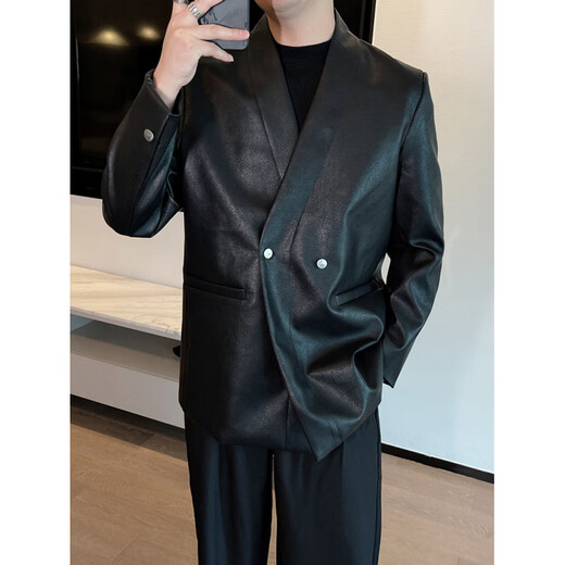 VCICTIOLIA leather jacket men's spring and autumn handsome style collarless suit 2026 new style leather suit men's top black M recommended 115Jin Jin equal to within 0.5 kg