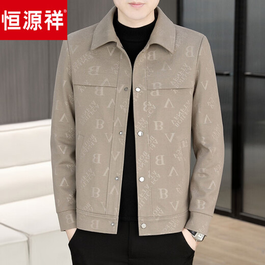 Hengyuanxiang brand high-end autumn and winter thick warm letter jacket men's velvet thickened casual fashion lapel versatile jacket gray M.