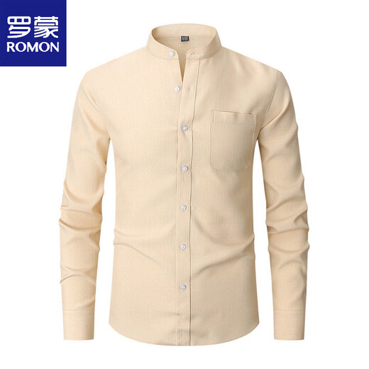 ROMON 2026 Spring New Chinese Style Stand Collar Long Sleeve Shirt Men's Business Casual Washable No-Iron Thin Ice Silk Shirt Apricot XXS L-170/88A European Size