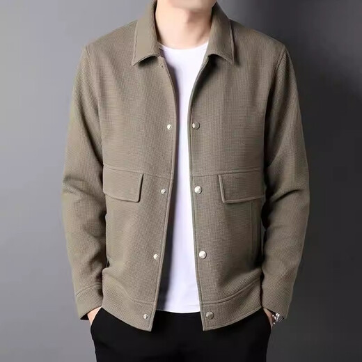 LILANZ Spring and Autumn Lapel Work Jacket Men's Waffle Solid Color Knitted Jacket Light Business Commuting Casual Men's Top Bean Green Regular Style) yy-858 XL