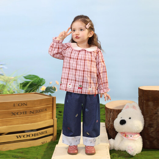 LUSON baby girl baby girl lapel shirt 2026 spring baby cotton shirt cartoon sweet top pink coffee plaid 120